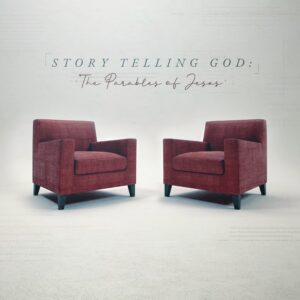 Two red chairs facing each other with the text “Story Telling God: The Parables of Jesus” — a visual for Coggin Avenue Baptist Church’s sermon series on the teachings of Jesus through parables.