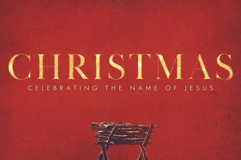 Red background image for sermon series titled “Christmas: Celebrating the Name of Jesus” with a wooden manger at the bottom