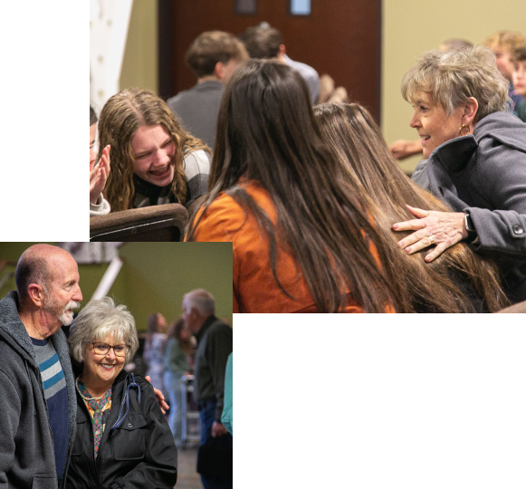 Smiling adults and youth connecting in community groups at Coggin Church
