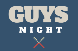 Guys Night promotional image with bold text and crossed grilling forks on dark blue background