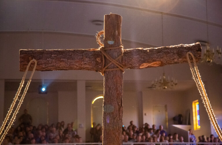 Wooden cross on stage during Good Friday Cross Service at Coggin Church in Brownwood TX